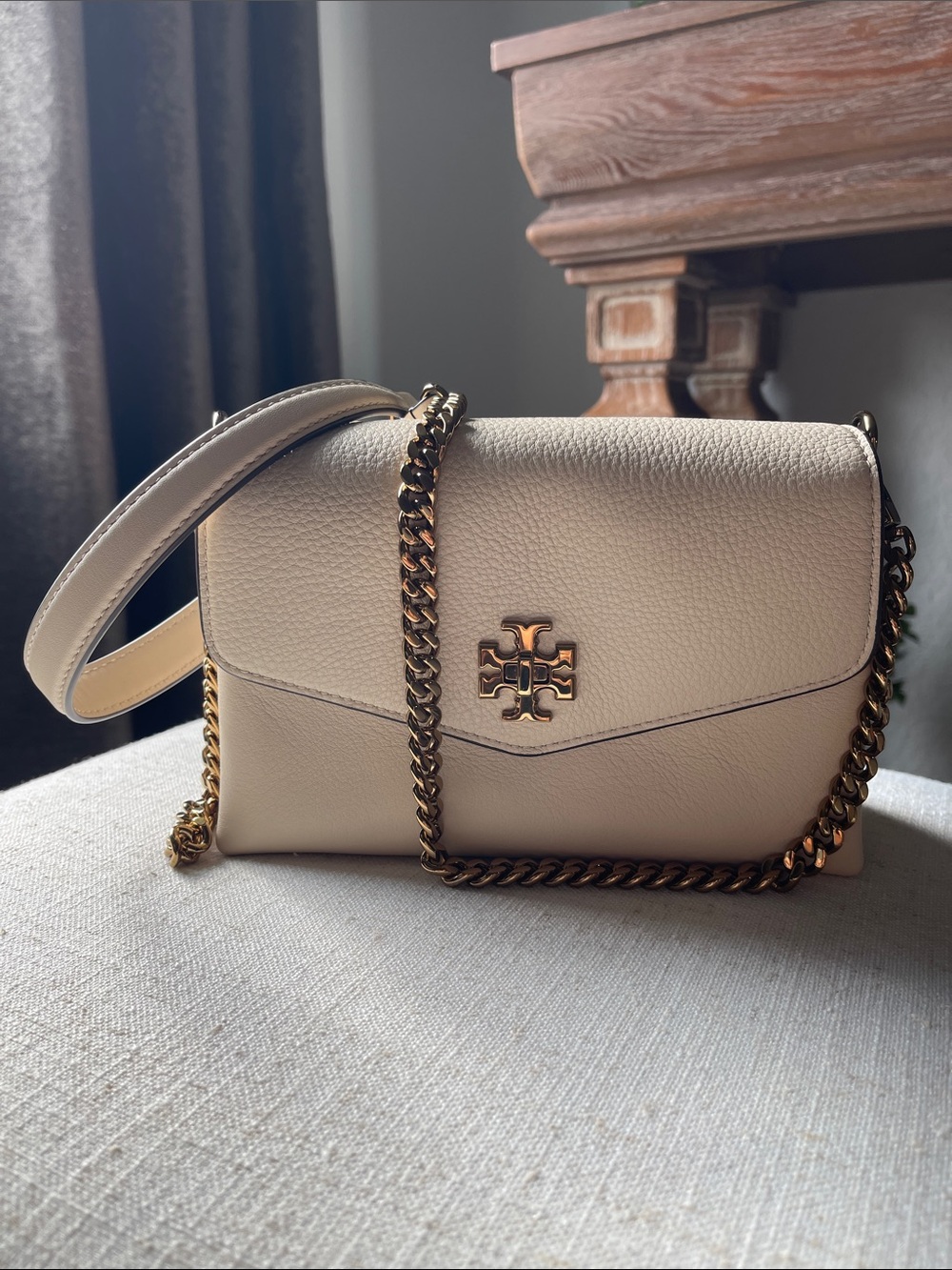 Tory Burch Ivory Pebbled Leather Chain Shoulder Bag